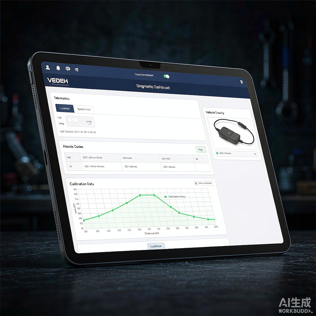 Cloud-connected diagnostic dashboard showing telematics, security codes and calibration data