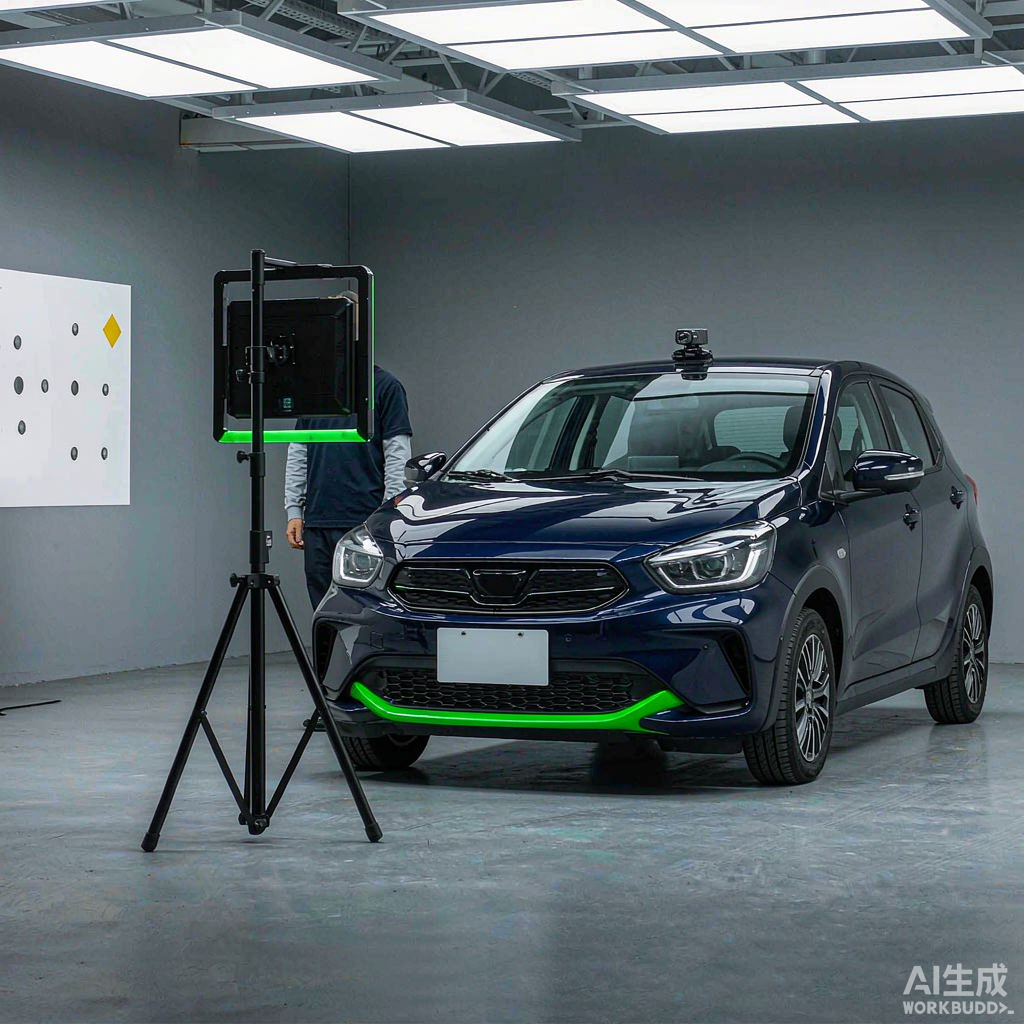 Техник калибрует фронтальную камеру ADAS с помощью диагностического инструмента Launch