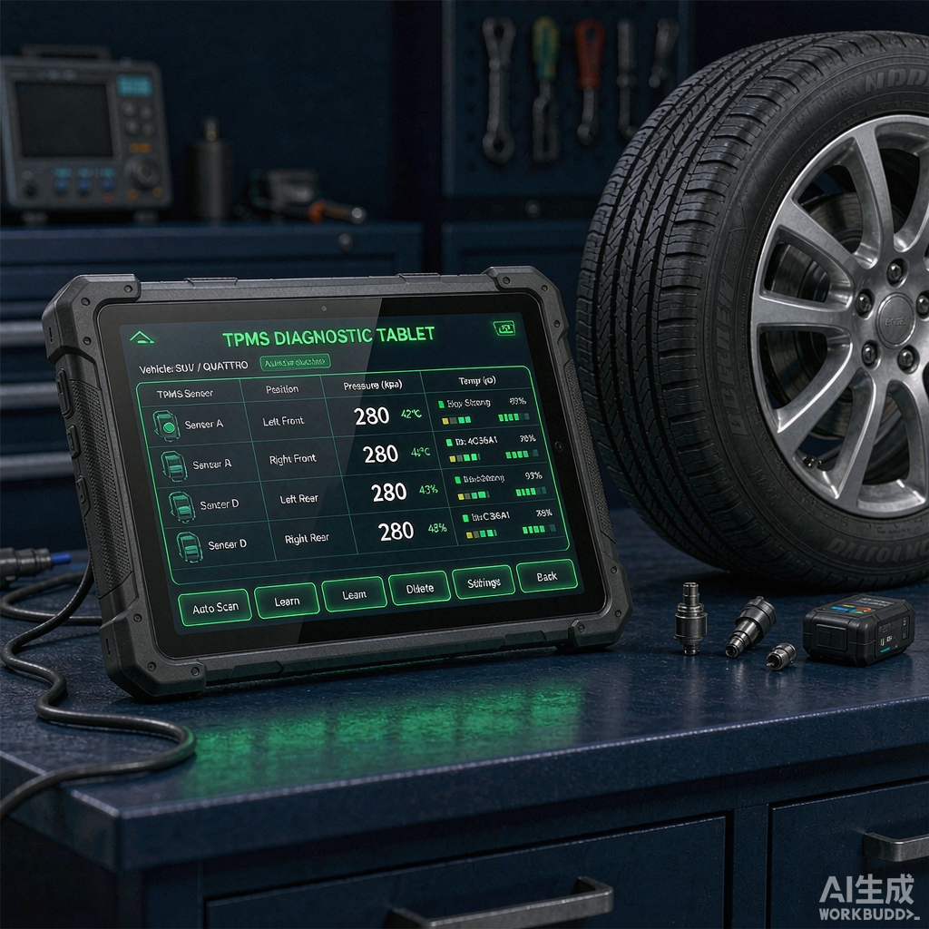 Диагностический инструмент TPMS считывает датчик шины в цехе мастерской