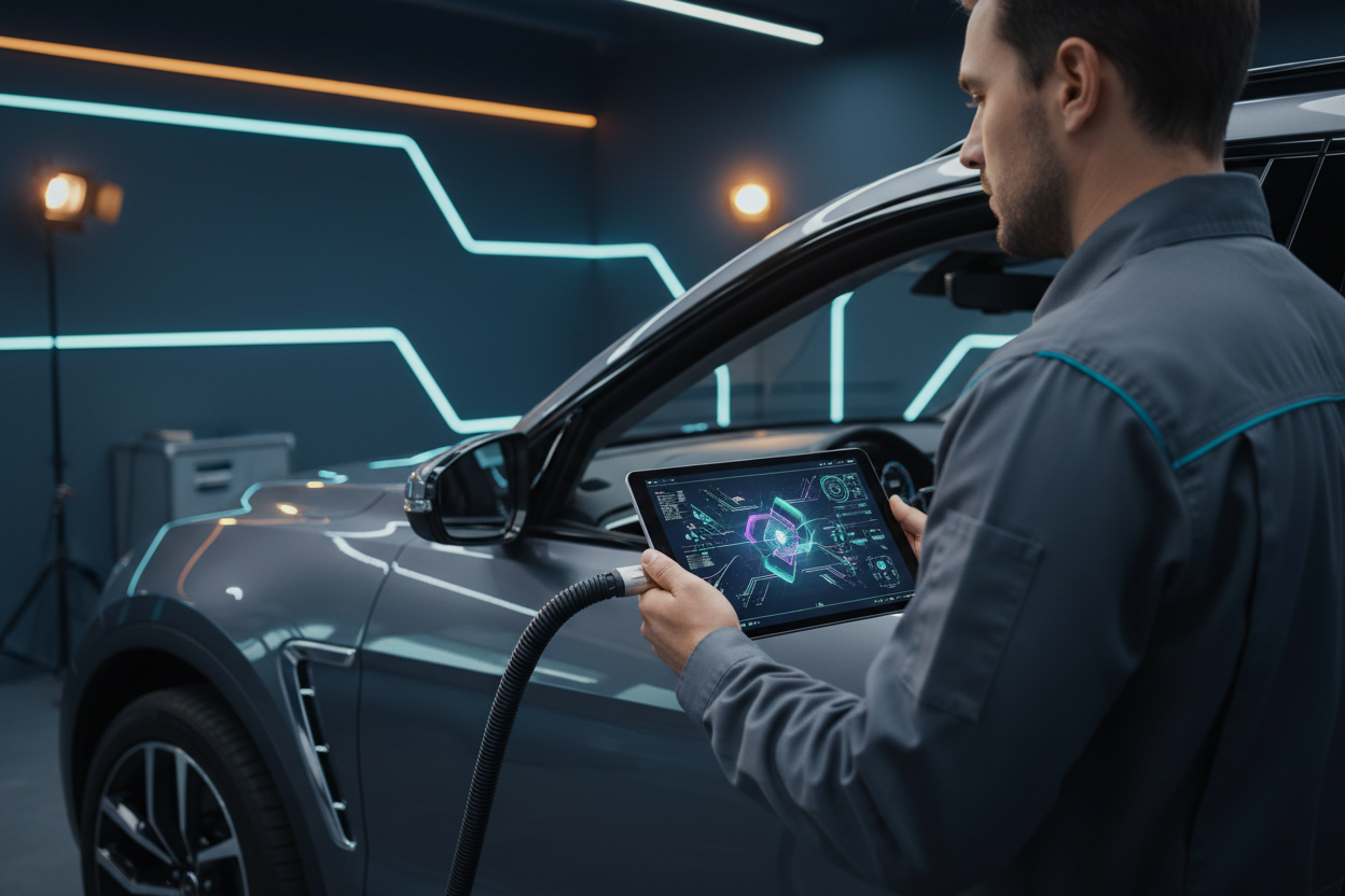 Мастер подключается к новой модели автомобиля для диагностики OBD2 на реальном автомобиле