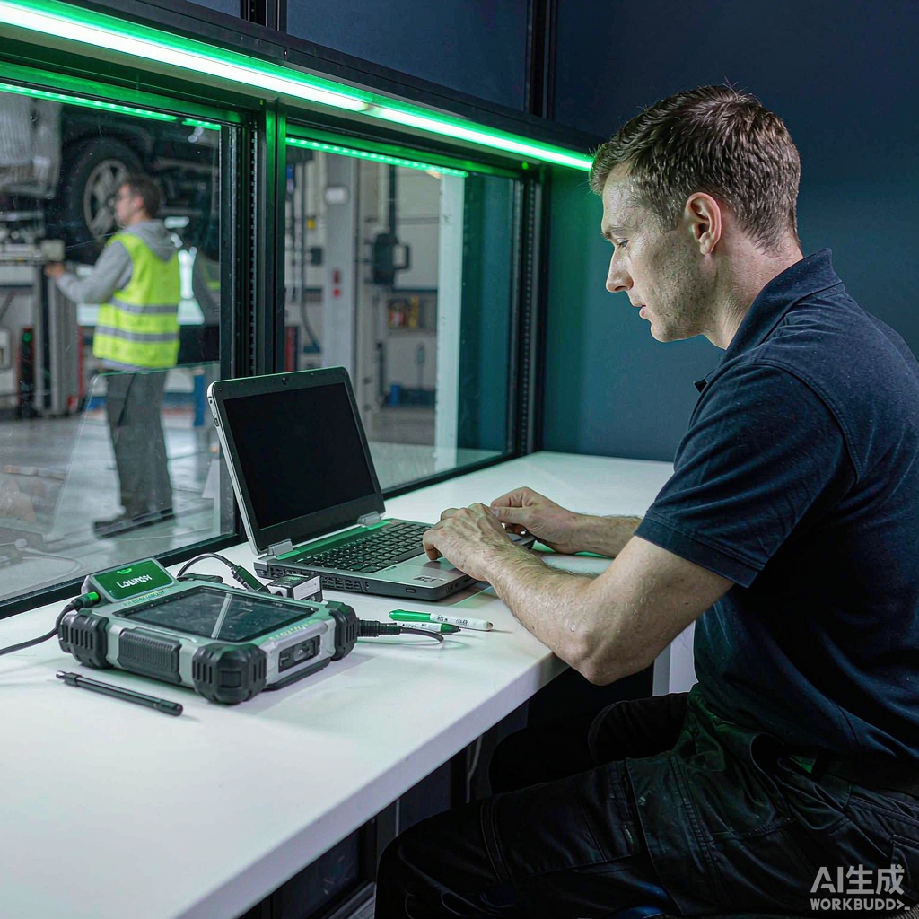Technician reviewing vehicle diagnostic data on a laptop in a modern workshop