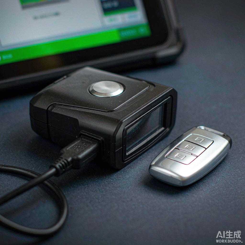 Autel APB112 simulator and XP400 Pro on a bench next to a Toyota smart key
