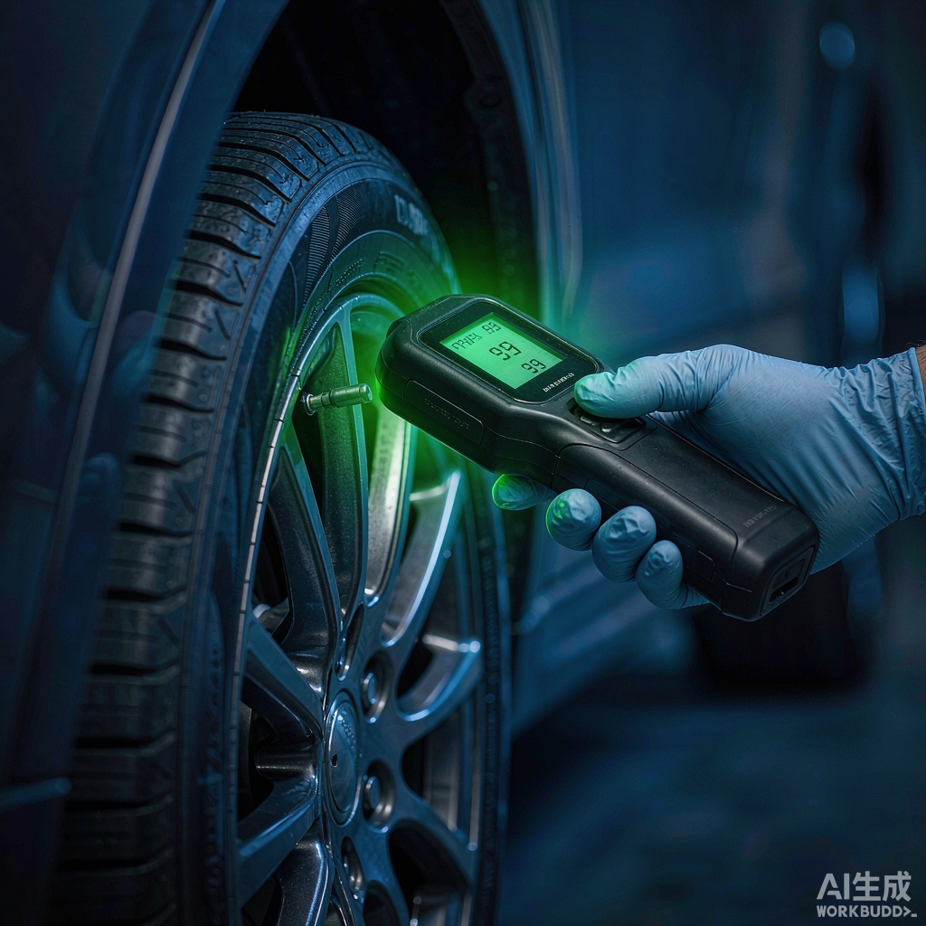 Диагностический техник осматривает колесо и датчик TPMS