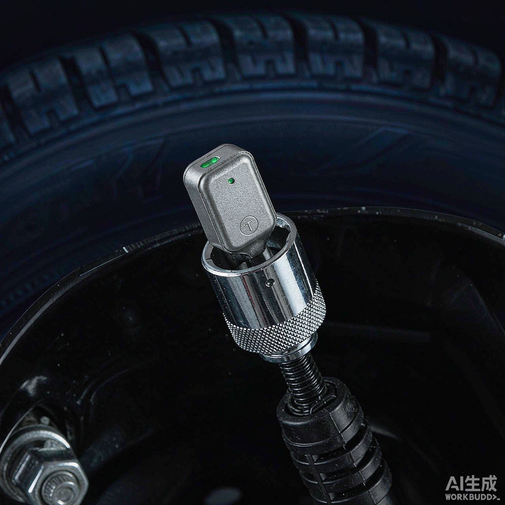 Крупный план датчика TPMS, устанавливаемого в шину