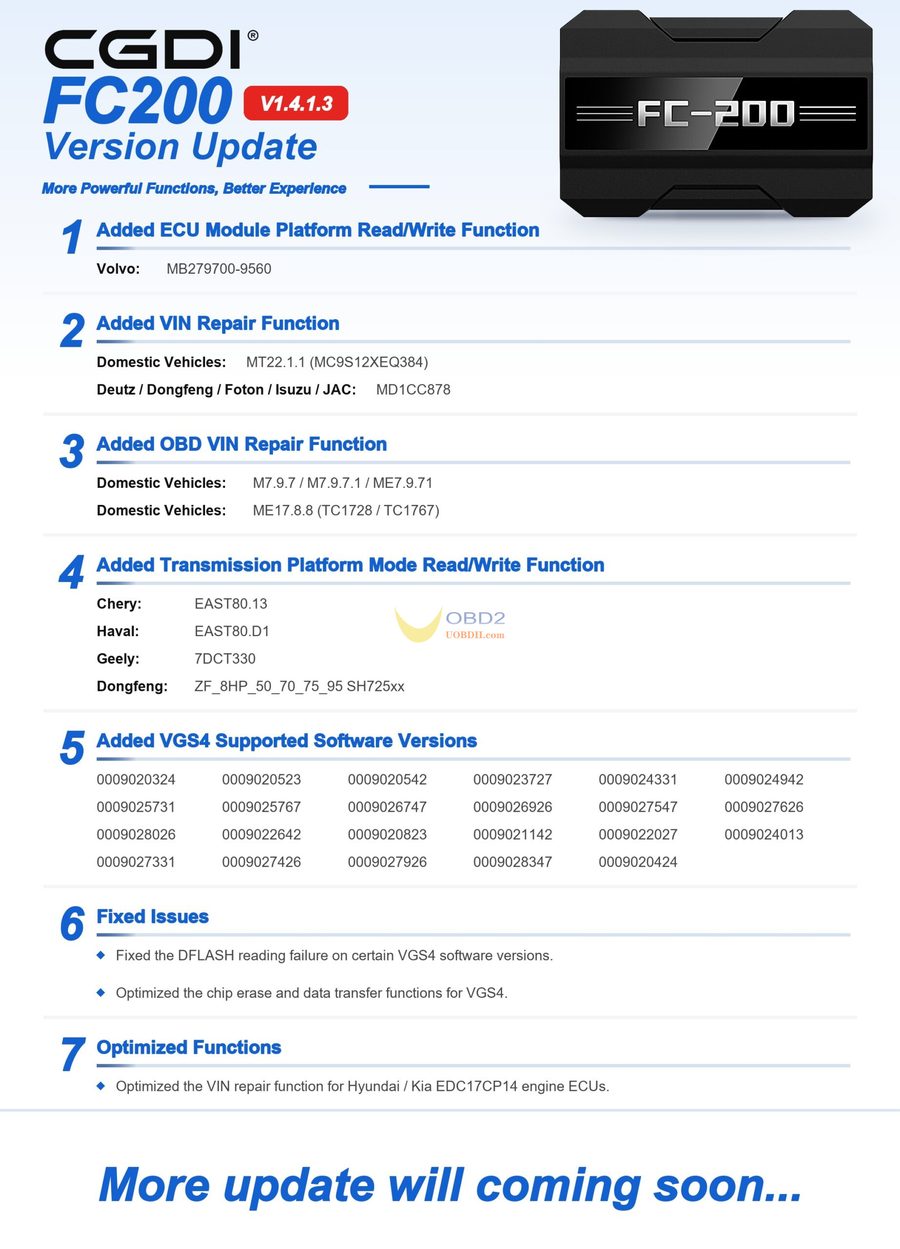 CG FC200 V1.4.1.3 обновление: поддержка новых ECU, TCU и ремонта VIN